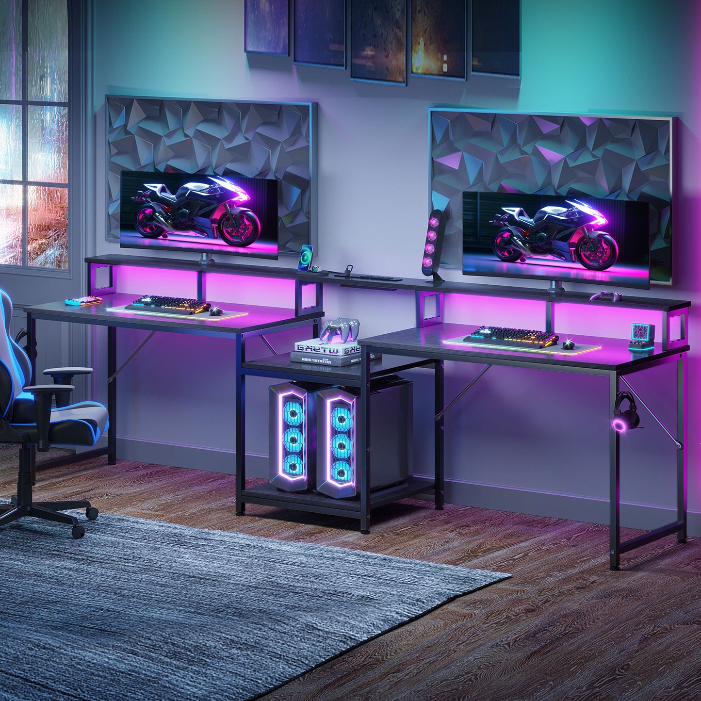 Sofanext 98" Computer Desk with USB Ports & Power Outlets, Large Gaming Desk with Display Stand & LED Strip, Storage Shelves for Home Office, Suitable for 2 People Use, Black