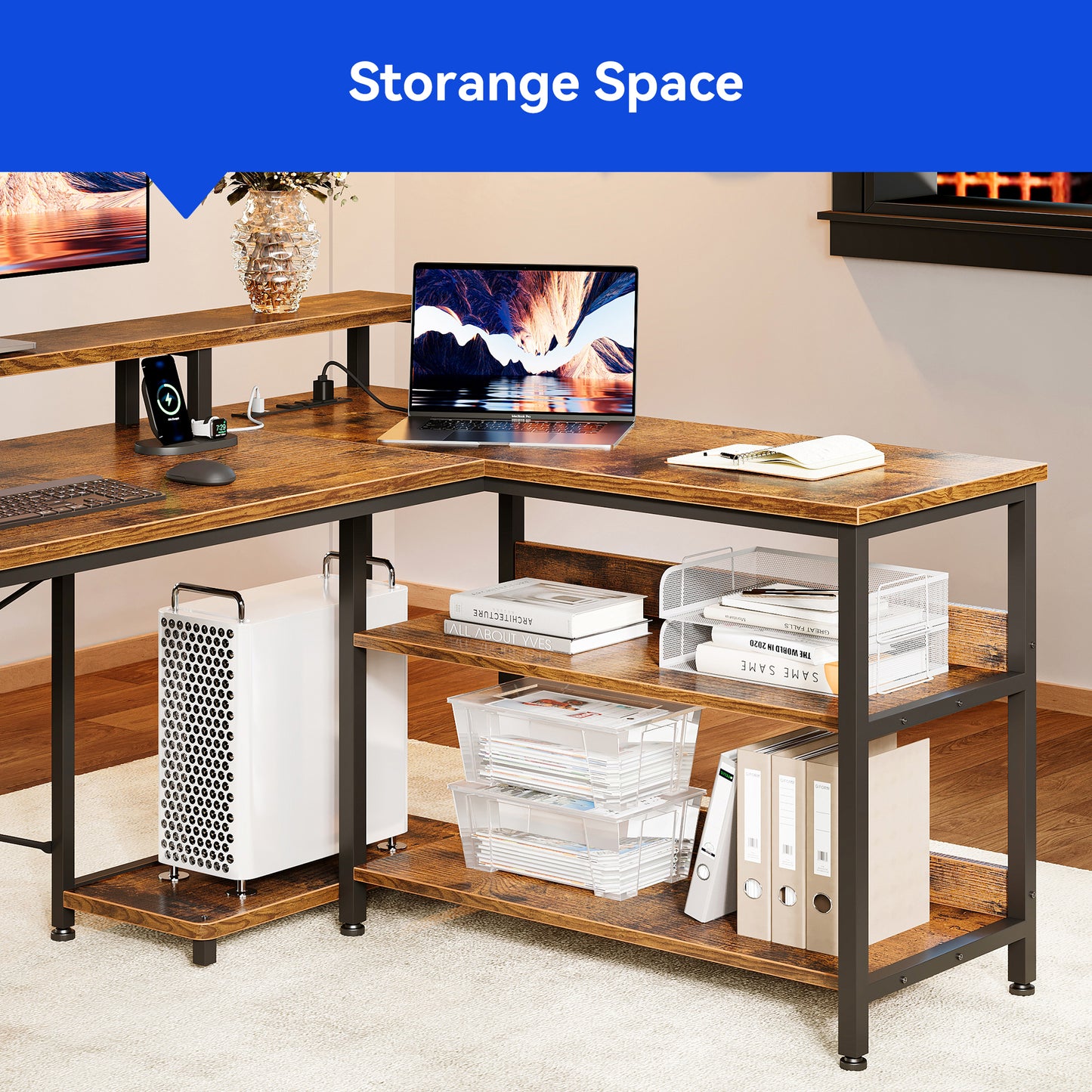 Sofanext 75 inch L Shaped Desk with Power Outlets,Large Computer Desk with File Drawer,Home Office Desk with Printer Stand & Storage Shelves,Gaming Desk with Monitor Shelf,Corner Desk,Vintage
