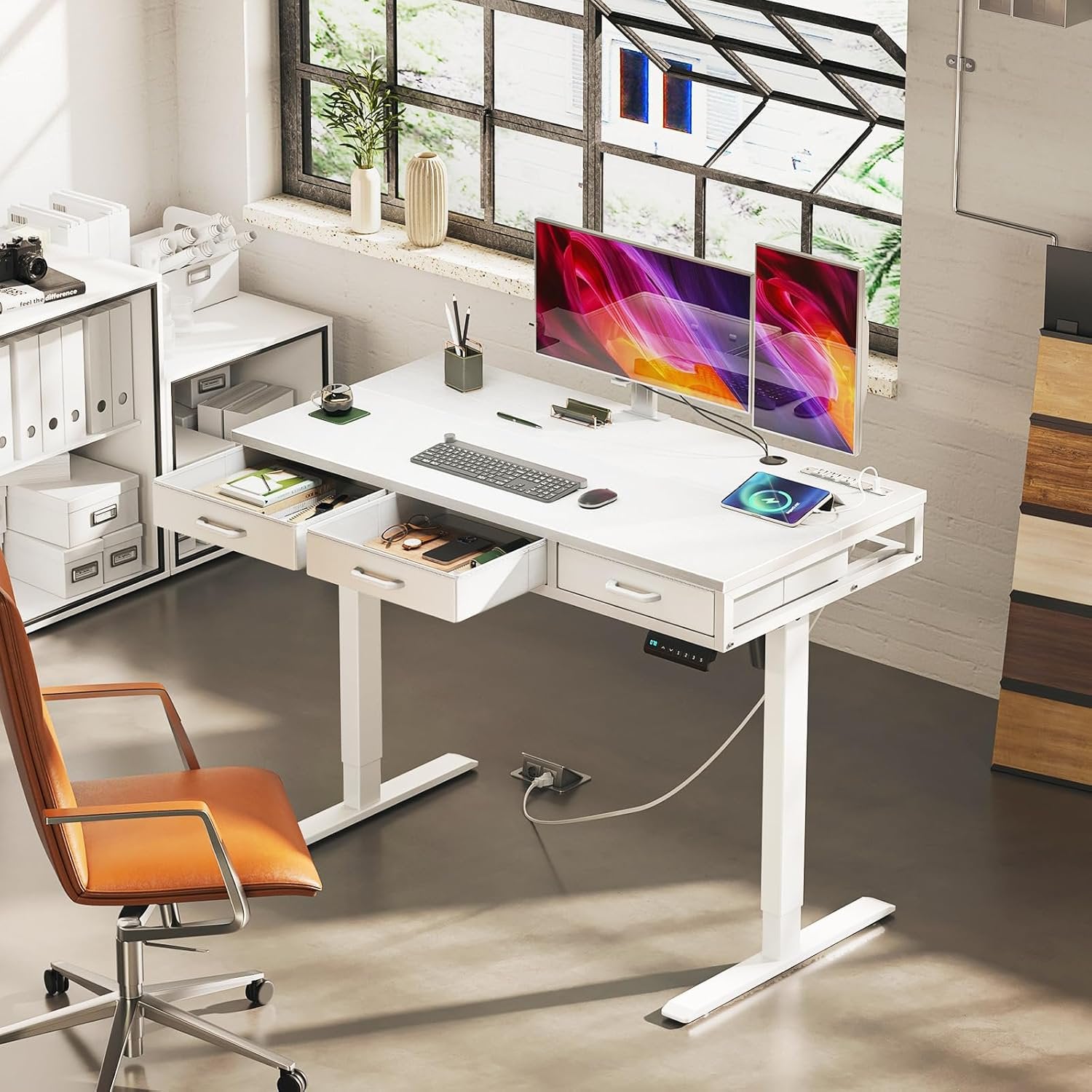 Electric Standing Desk with Drawers, 47 Inch Height Adjustable Small Desk with Power Outlets, Sit Stand Table, Writing Computer Desk for Home, Office, Workstation, White