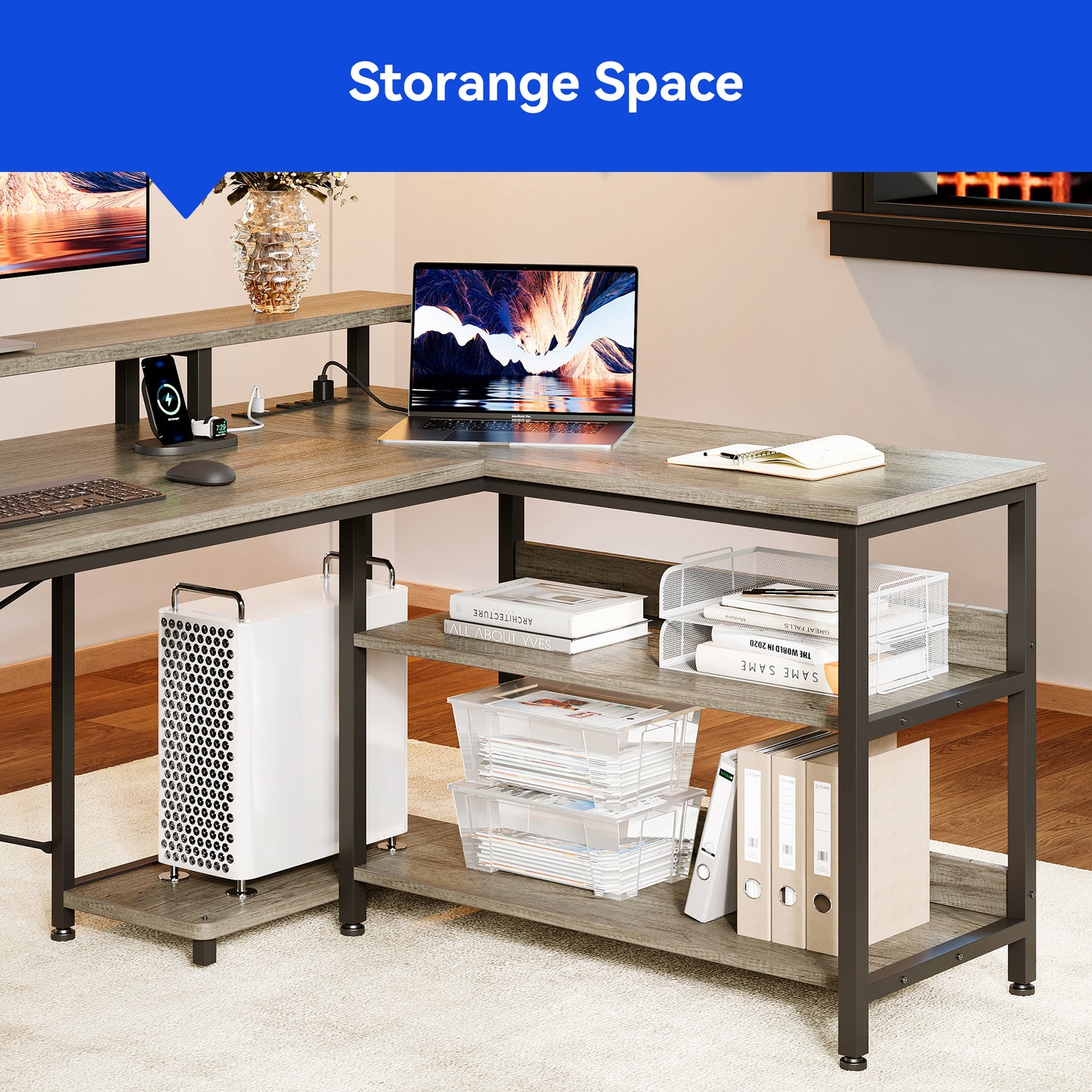 Sofanext 75 inch L Shaped Desk with Power Outlets,Large Computer Desk with File Drawer,Home Office Desk with Printer Stand & Storage Shelves,Gaming Desk with Monitor Shelf,Corner Desk,Grey Oak