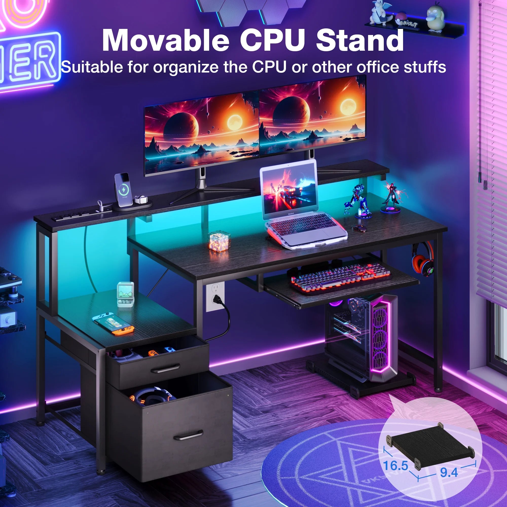 55 Inch Reversible Gaming Desk with Power Outlets and LED Light, Office Desk with File Cabinet & Drawer, Computer Desk with Keyboard Tray and Full Monitor Riser and PC Stand, Study Table, Black