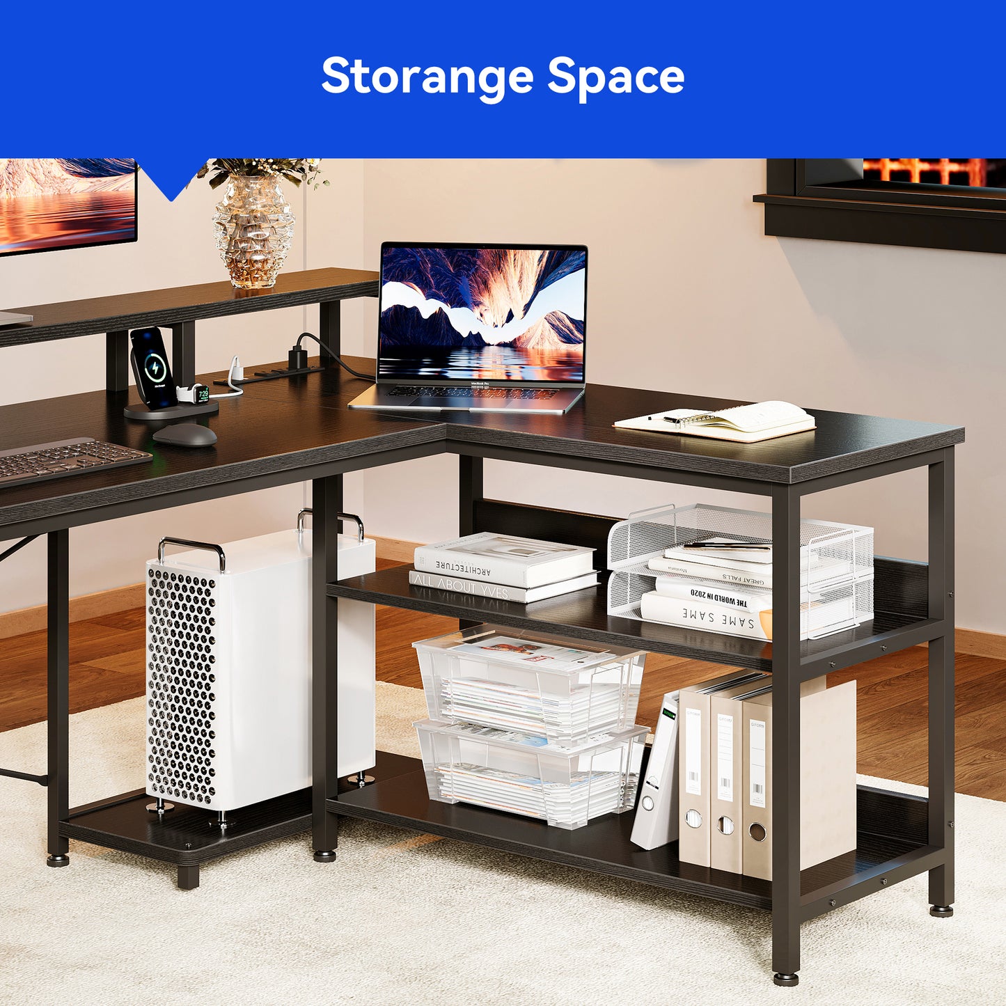 Sofanext 75 inch L Shaped Desk with Power Outlets,Large Computer Desk with File Drawer,Home Office Desk with Printer Stand & Storage Shelves,Gaming Desk with Monitor Shelf,Corner Desk,Black