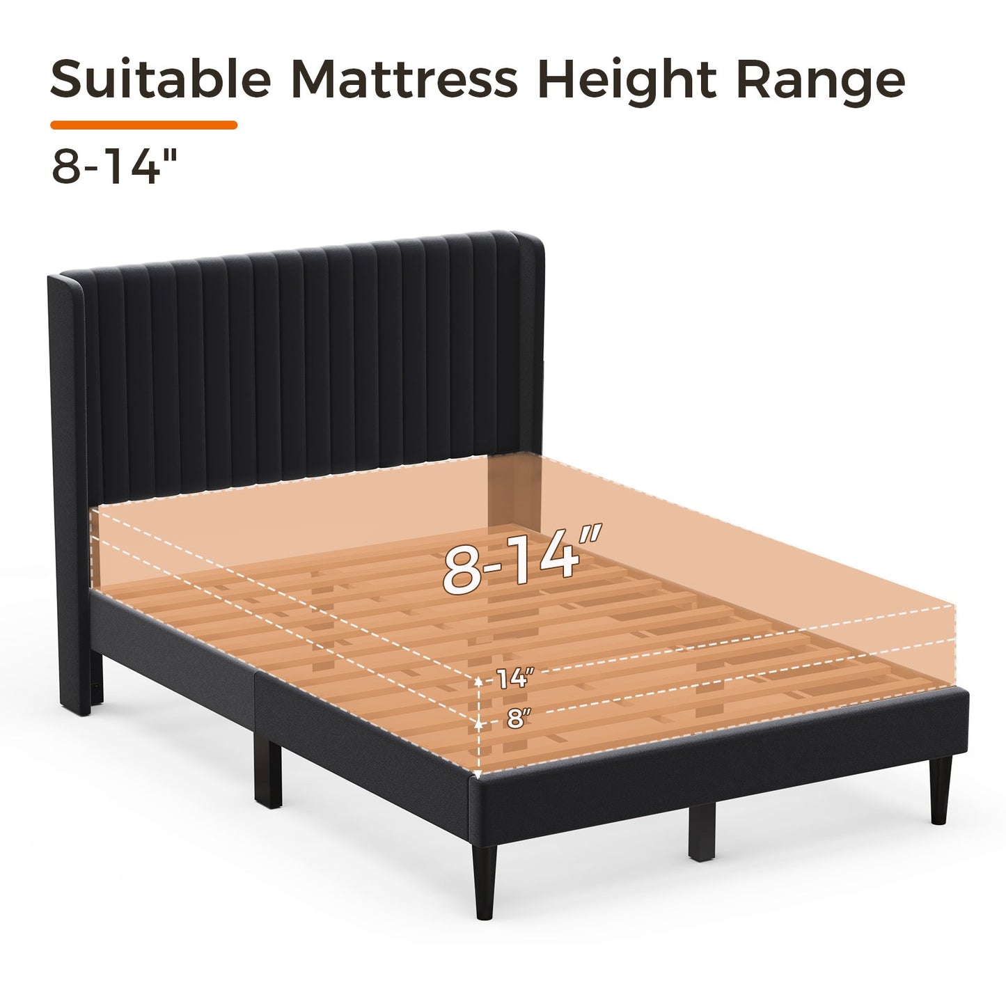 Sofanext Queen Wingback Platform Bed Frame with Tall Velvet Upholstered Headboard, Wood Slat Support, No Box Spring, Noise-Free, Deep Black