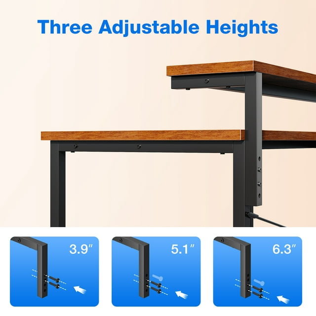 Computer Desk with Adjustable Monitor Stand(3.9”, 5.1”, 6.3”), 48 inch Home Office Desk with Storage Bag, Simple Modern Style Laptop Desk for Small Space, Vintage