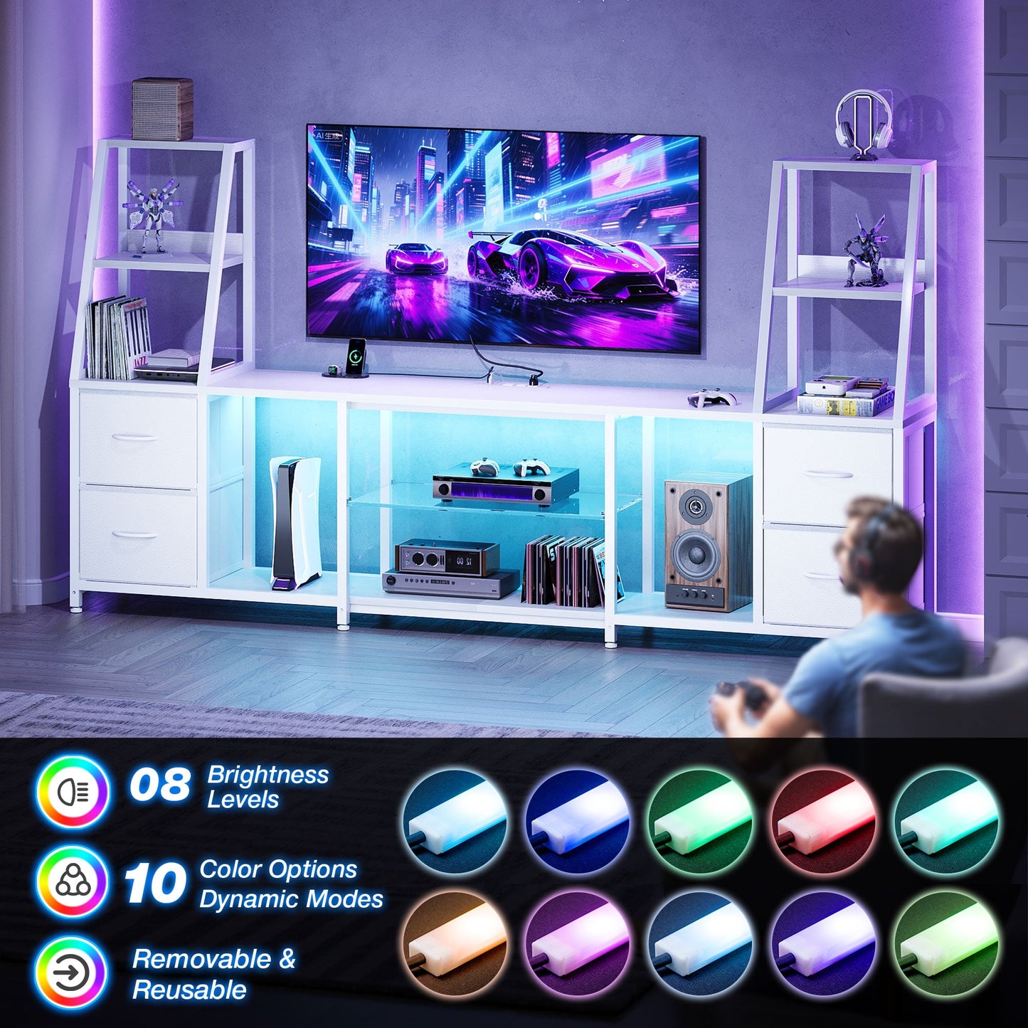 Sofanext TV Stand for up to 65 Inch TV, 87" Entertainment Center with Power Outlets & LED Lights, Modern Media Console with Glass Shelf & 4 Fabric Drawers for Living Room Bedroom, White