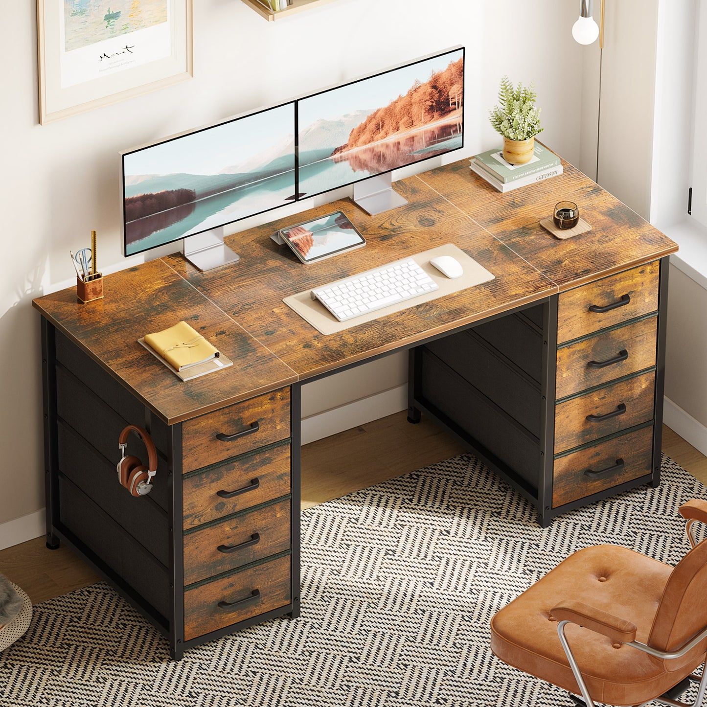 Vintage Computer Desk with Drawers for Storage - 48 inch Home Office Desk with 8 Fabric Drawers, Writing Study Desk with Drawers on Both Sides for Bedroom