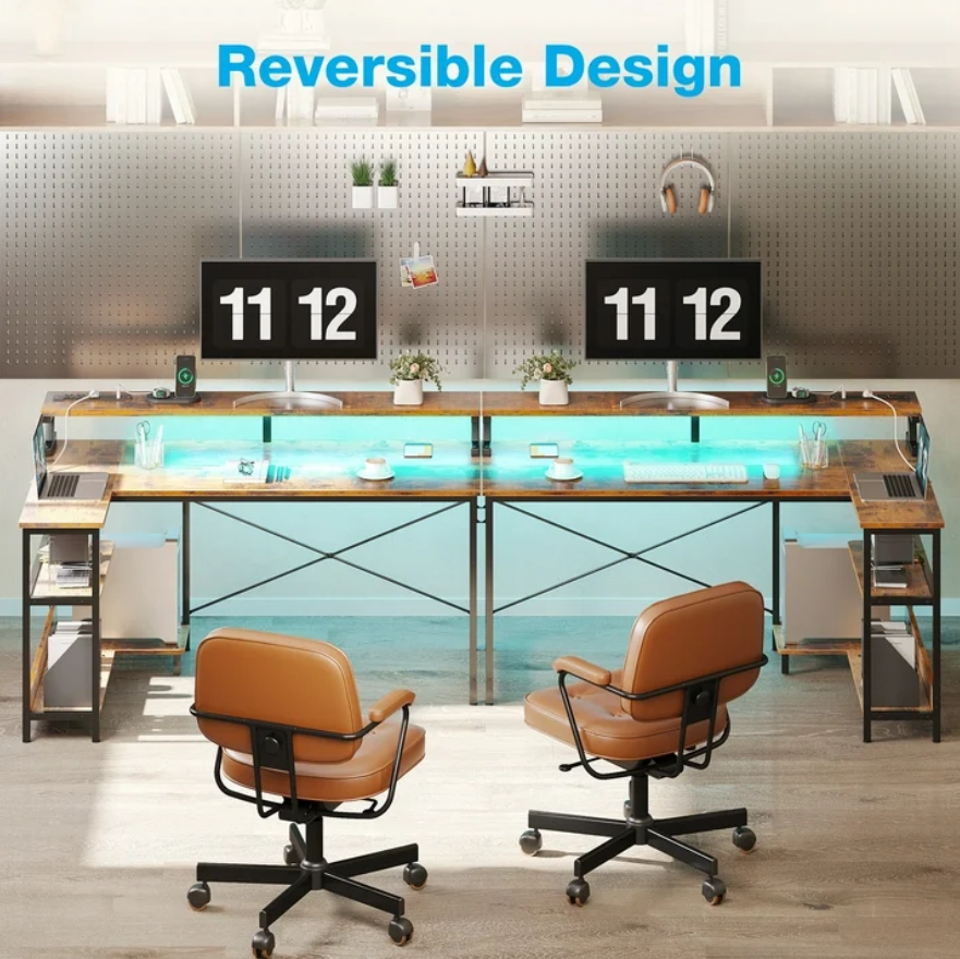 48 inch Reversible L Shaped Gaming Desk with LED Lights & Power Outlet, Corner Computer Desk with Storage Shelves & CPU Stand, Home Office Desk with Monitor Shelf, Modern Writing Table, Vintage