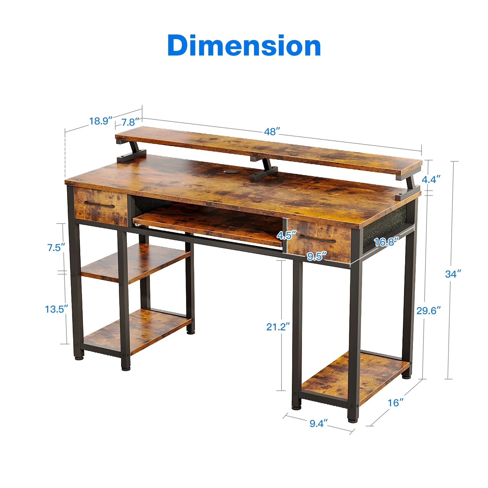 48 inch Computer Desk with Keyboard Tray, Gaming Writing Desk with Drawers/Monitor Stand Shelf/Removable Storage Shelves/CPU Stand for Home Office, Vintage