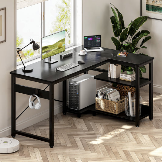 40 inch Small Office Desk with Storage Shelve, Student Writing Table for Small Spaces, Headphone Hooks, Black