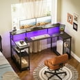 48 inch U Shaped Gaming Desk with Power Outlets & LED Light Strip, Home Office Desk with Storage Shelf, Suitable for Large Space, Gaming, Studying, Carbon Fiber Black