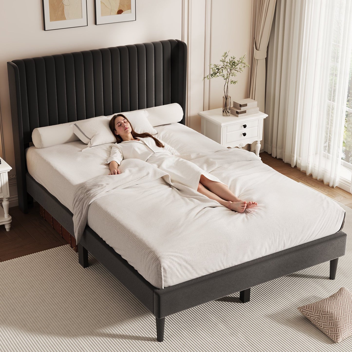 Sofanext Queen Wingback Platform Bed Frame with Tall Velvet Upholstered Headboard, Wood Slat Support, No Box Spring, Noise-Free, Deep Black
