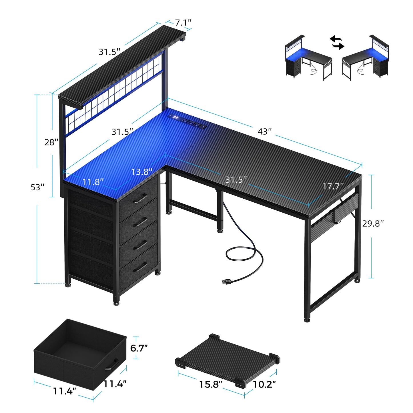 Sofanext 43 inch L Shaped Desk with 4 Storage Drawers, Reversible L Shaped Gaming Desk with Power Outlets & LED Lights, Computer Desk with Movable CPU Stand & Hutch for Home Office, Black
