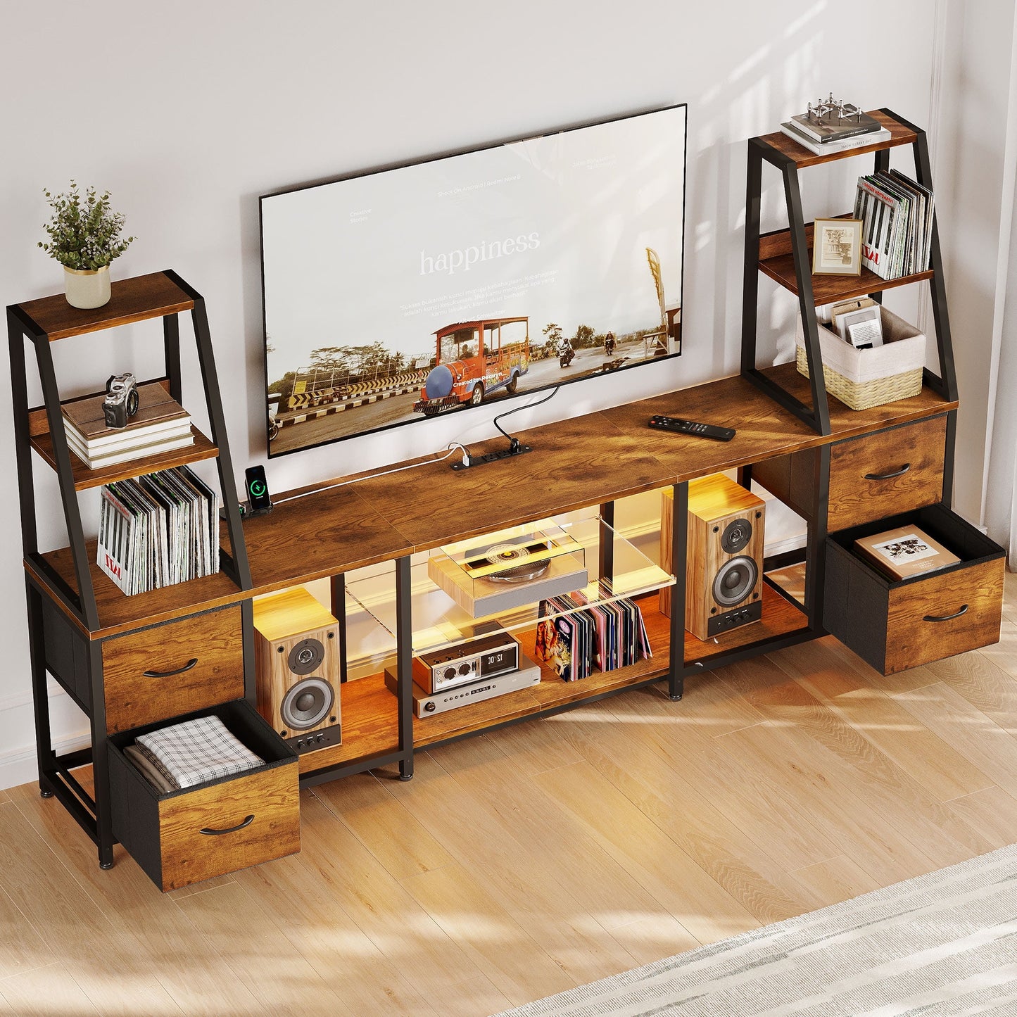 Sofanext TV Stand for up to 65 Inch TV, 87" Entertainment Center with Power Outlets & LED Lights, Modern Media Console with Glass Shelf & 4 Fabric Drawers for Living Room Bedroom, Vintage