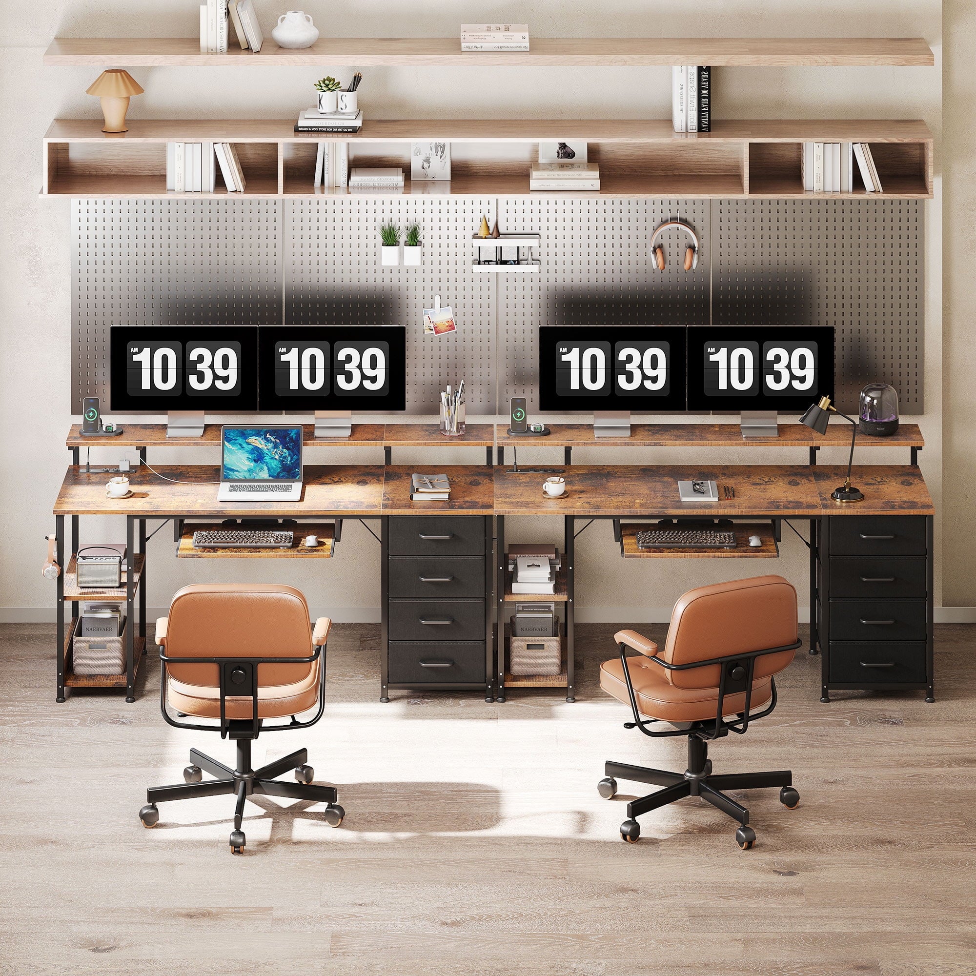 55 inch Office Desk with Power Outlet and Adjustable Monitor Stand, Computer Desk with Fabric Drawer and Keyboard Tray, Gaming Desk with LED Light & PC Stand, Vintage