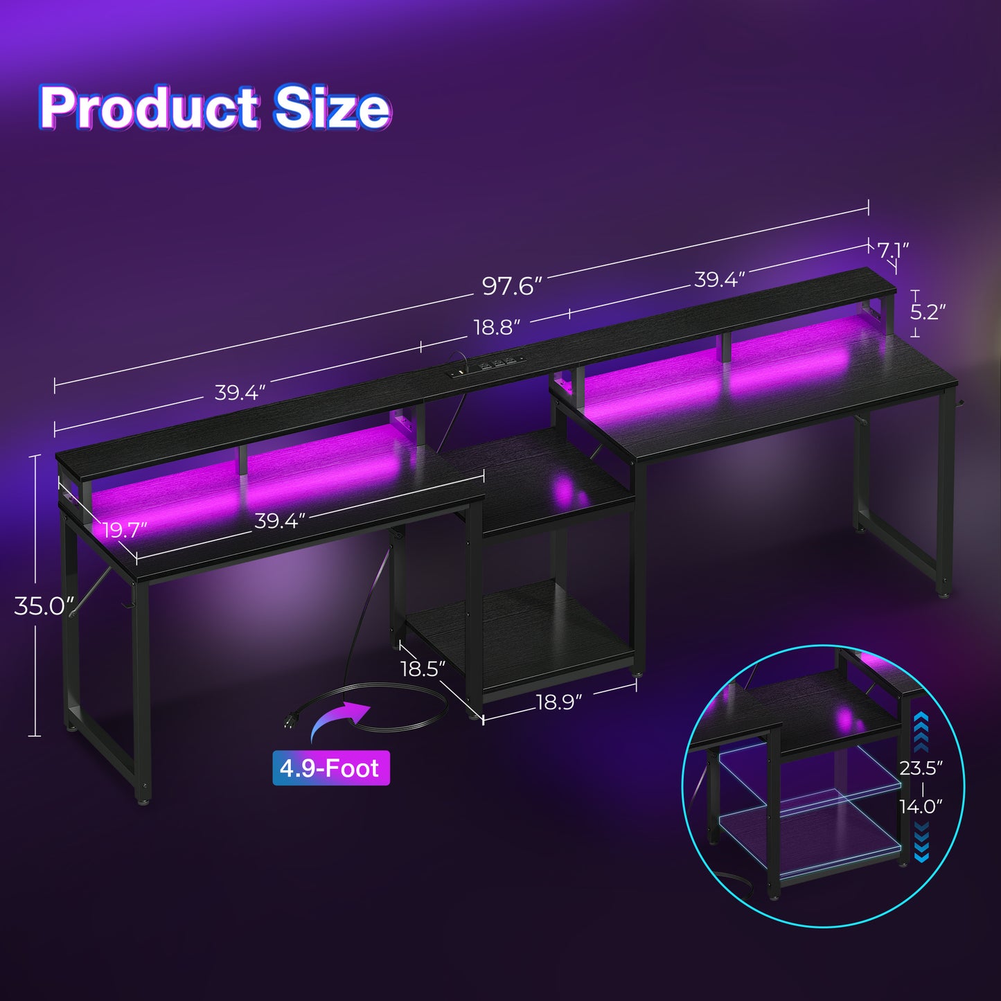 Sofanext 98" Computer Desk with USB Ports & Power Outlets, Large Gaming Desk with Display Stand & LED Strip, Storage Shelves for Home Office, Suitable for 2 People Use, Black