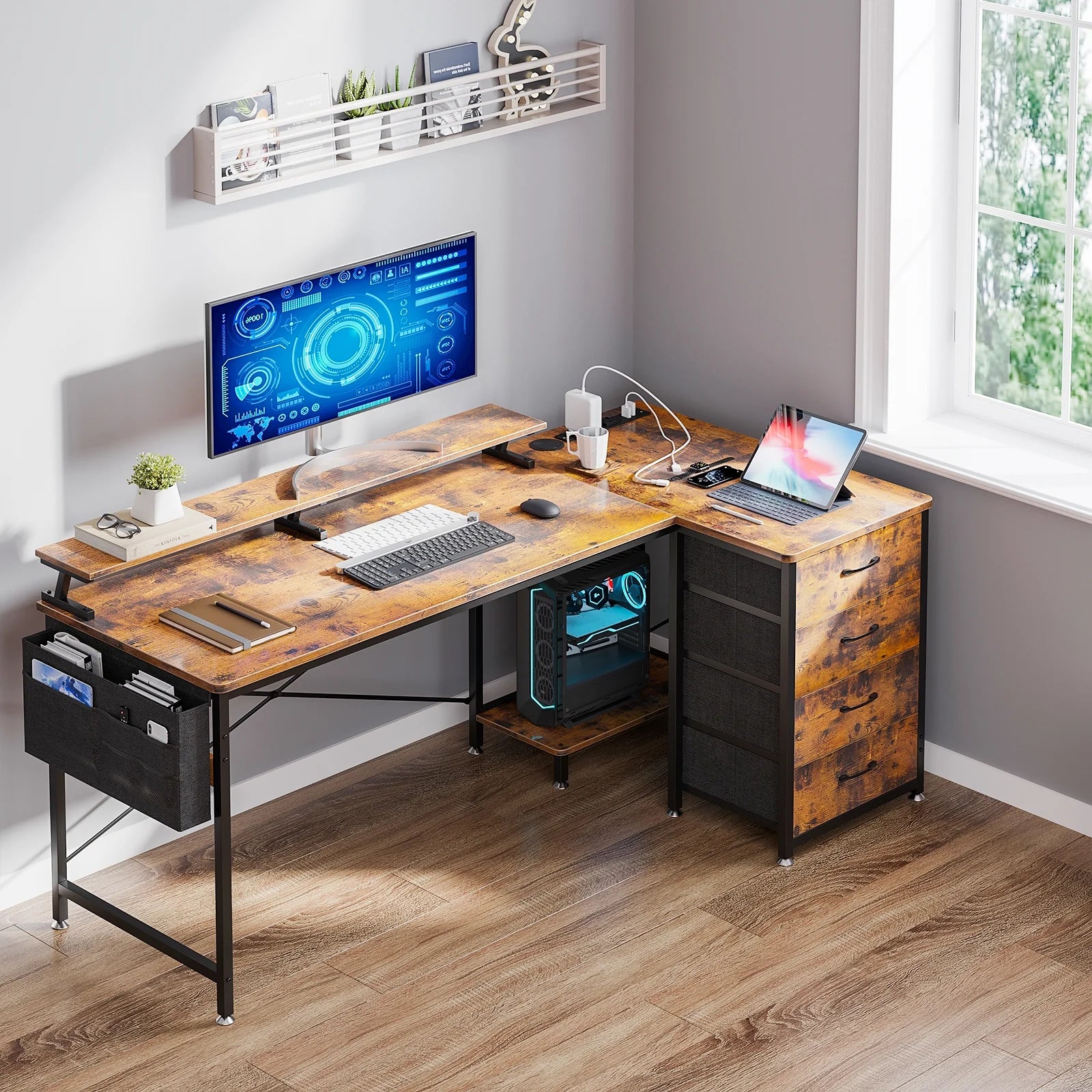 63 inch Corner Computer Desk with Power Outlets & LED Lights, Home Office Desk with 4-Tier Drawer & Storage Shelf, Ergonomic Gaming Desk with Monitor Stand, Vintage