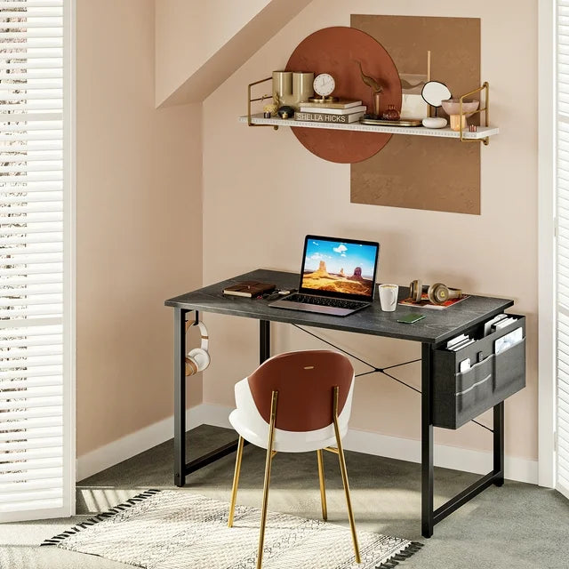 Computer Writing Desk 40 inch, Sturdy Home Office Table, Work Desk with a Storage Bag and Headphone Hook, Espresso Gray