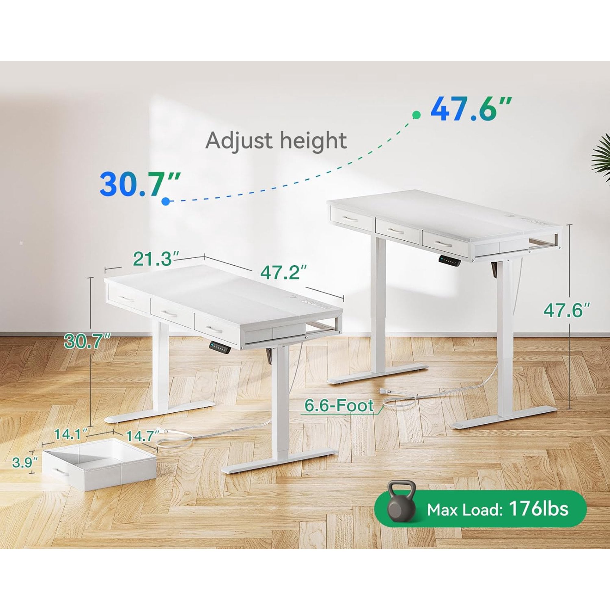 Electric Standing Desk with Drawers, 47 Inch Height Adjustable Small Desk with Power Outlets, Sit Stand Table, Writing Computer Desk for Home, Office, Workstation, White