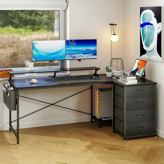 63 inch Corner Computer Desk with Power Outlets & LED Lights, Home Office Desk with 4-Tier Drawer & Storage Shelf, Ergonomic Gaming Desk with Monitor Stand, Black