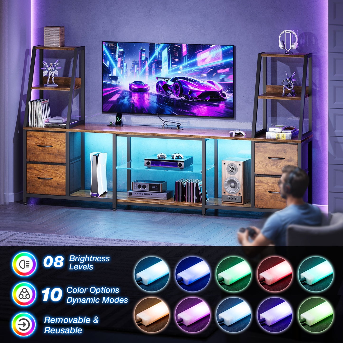 Sofanext TV Stand for up to 65 Inch TV, 87" Entertainment Center with Power Outlets & LED Lights, Modern Media Console with Glass Shelf & 4 Fabric Drawers for Living Room Bedroom, Vintage