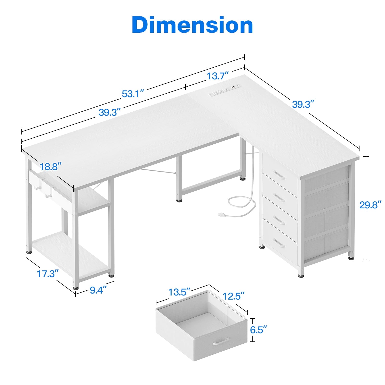 Sofanext Reversible Modern Simple Style L Shaped Desk with Charging Station and Drawers, Pure White