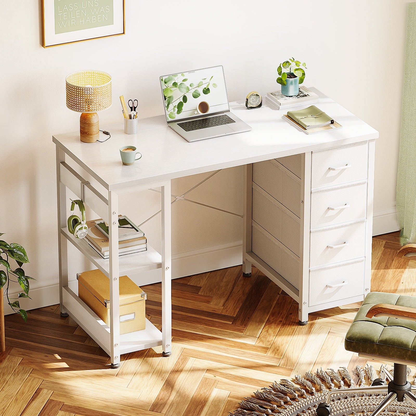 White Computer Desk with Drawers & Storage Shelves, 40 Inch Corner Desk for Home Office Bedroom, Small Teen PC Desks with Fabric Drawer, White