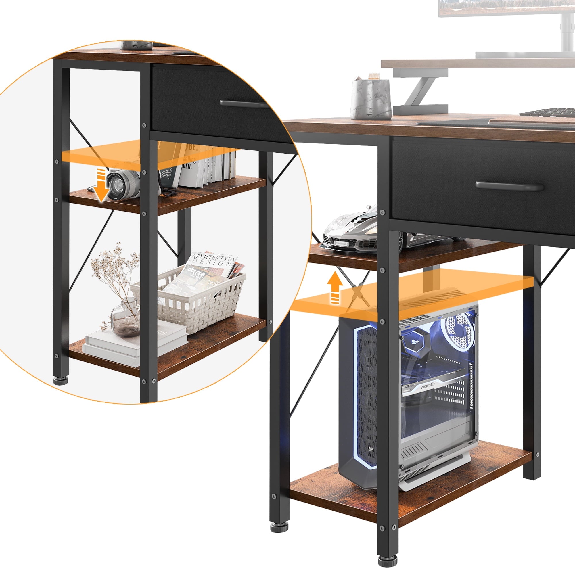 Computer Desk with Drawers and Storage Shelves, 48 inch Home Office Desk with Monitor Stand, Work Study PC Desk for Small Spaces, Rustic Brown