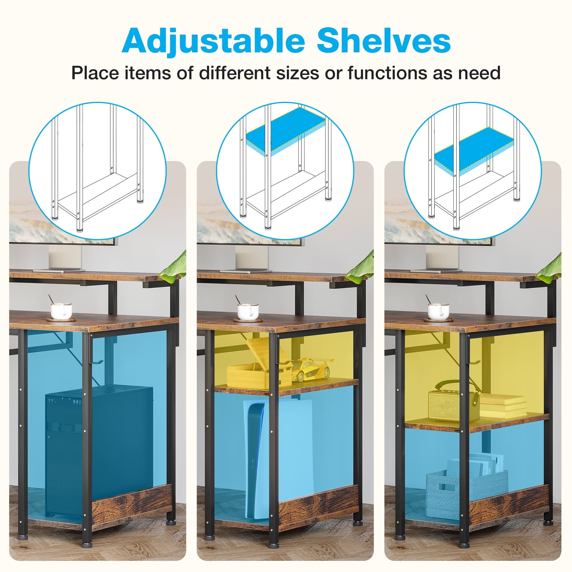 55 inch Office Desk with Power Outlet and Adjustable Monitor Stand, Computer Desk with Fabric Drawer and Keyboard Tray, Gaming Desk with LED Light & PC Stand, Vintage