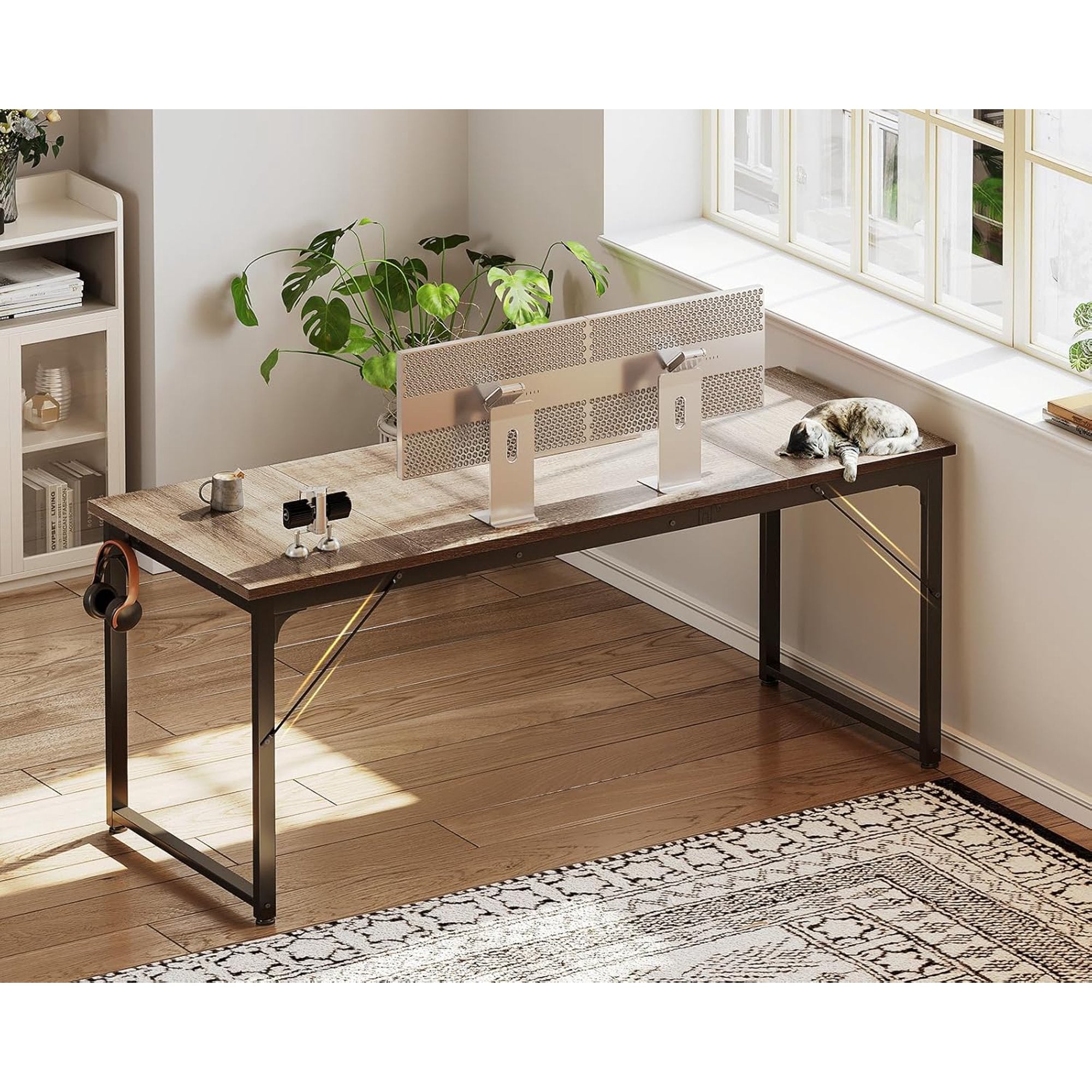 Sofanext Computer Desk 63 Inch, Study Writing Table for Large Spaces, Work Desk for Home Office, Simple Modern Desk with Headphone Hooks, Grey Oak
