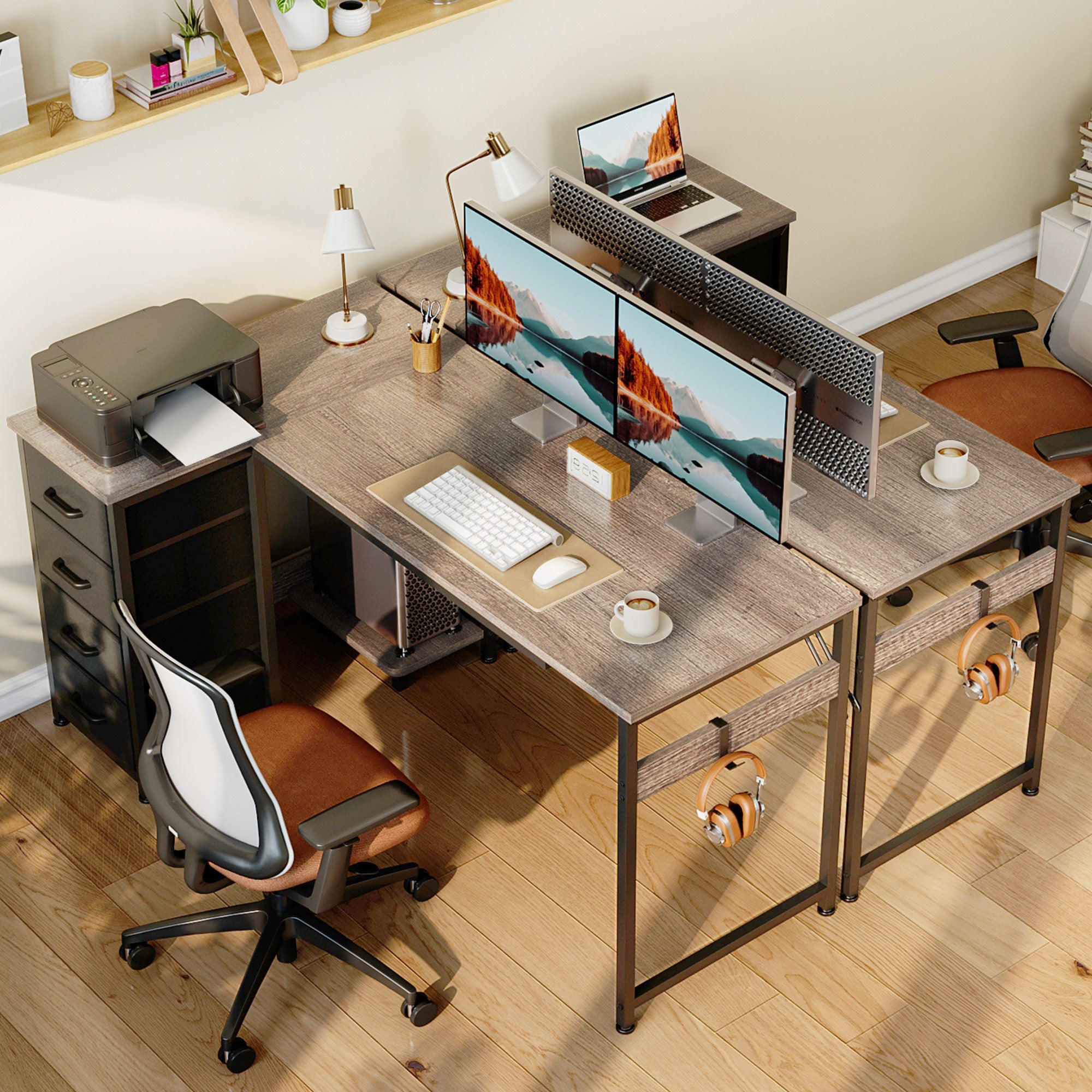 48 inch Computer Desk with 4 Fabric Drawers — Home Office Desks with Storage, Writing Desk with Side Hook, Kids Desk Study/Work Table for Bedroom and Small Space, Oak Grey