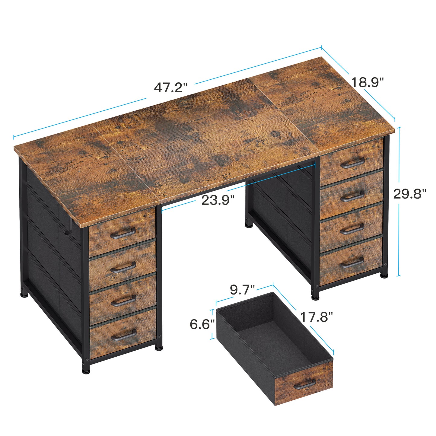 Vintage Computer Desk with Drawers for Storage - 48 inch Home Office Desk with 8 Fabric Drawers, Writing Study Desk with Drawers on Both Sides for Bedroom