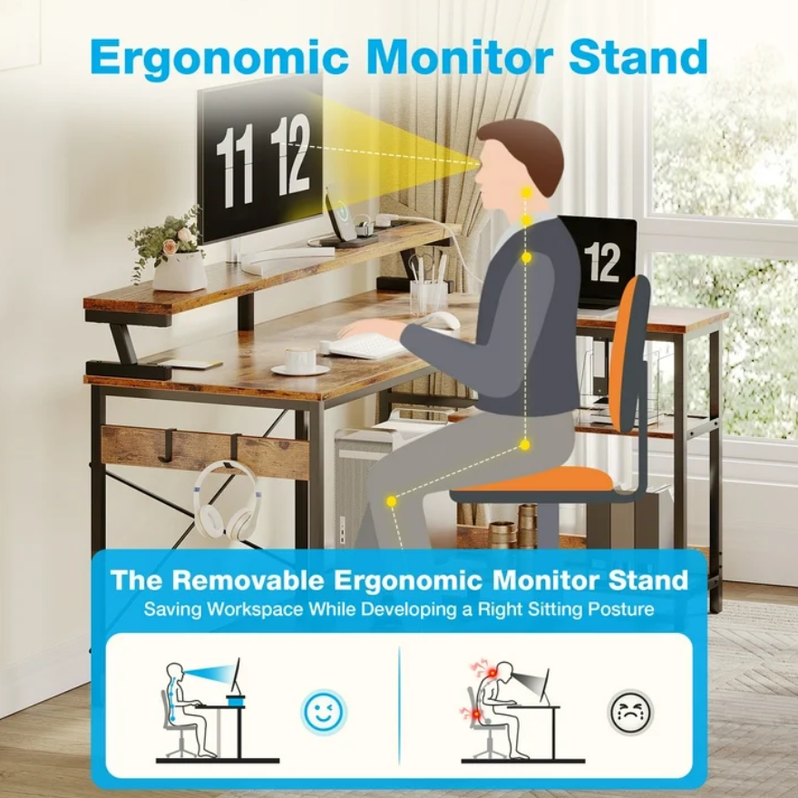 48 inch Reversible L Shaped Gaming Desk with LED Lights & Power Outlet, Corner Computer Desk with Storage Shelves & CPU Stand, Home Office Desk with Monitor Shelf, Modern Writing Table, Vintage