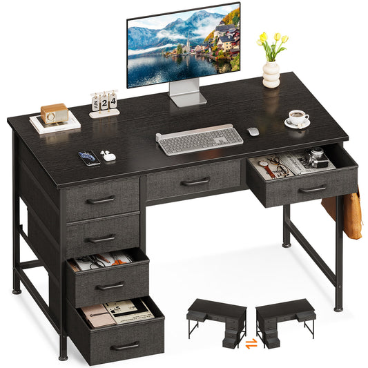 40" Home Office Desk with 6 Drawers, Modern Computer Desk with Small Space, Corner Computer Desk, Black