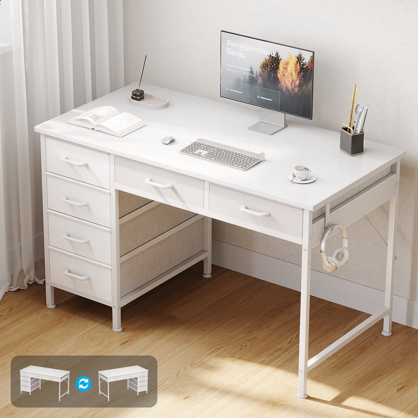 Casacomoda  40" Home Office Desk with 6 Drawers, Modern Computer Desk with Small Space, Corner Computer Desk, Pure White