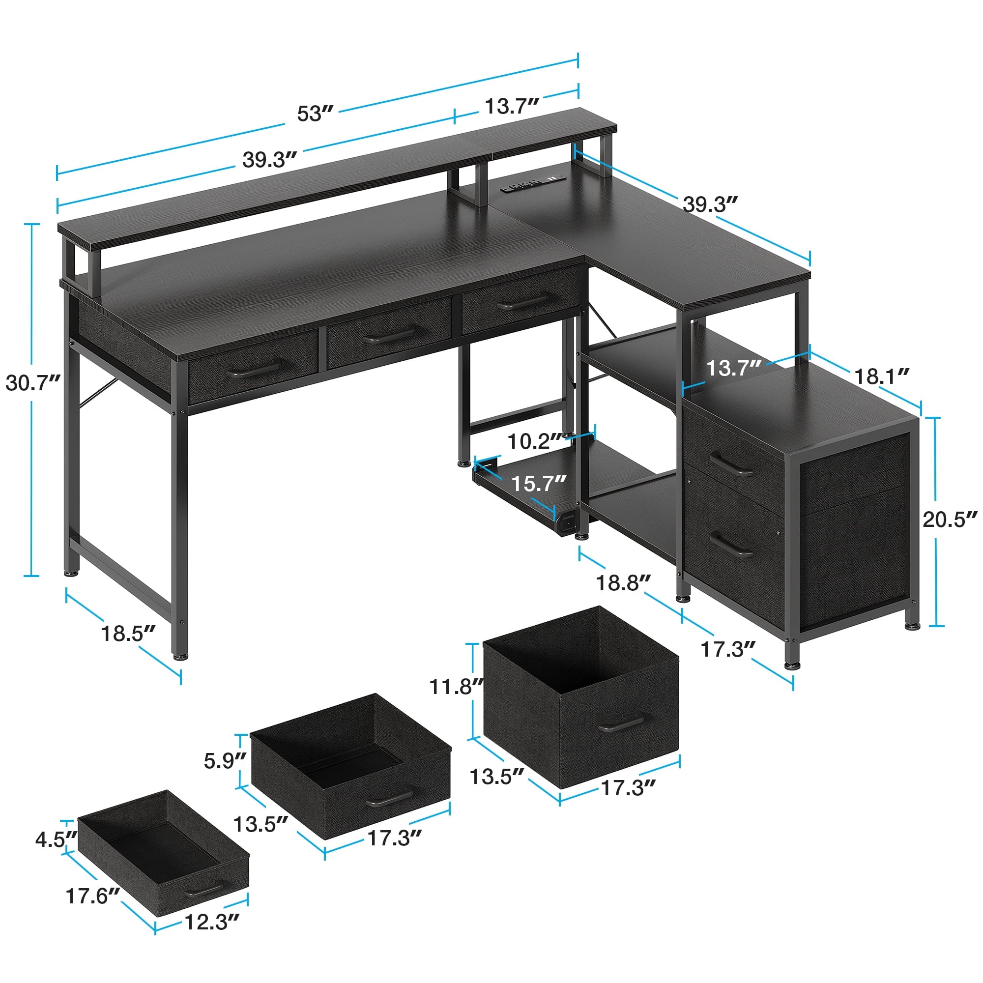 L Shaped Gaming Desk with File Drawer & Power Outlet, 53