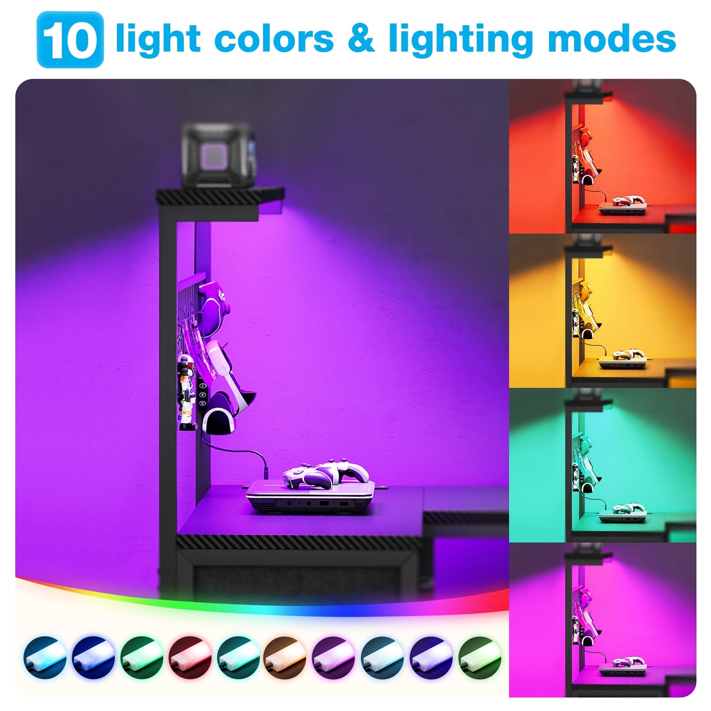 Sofanext 43 inch L Shaped Desk with 4 Storage Drawers, Reversible L Shaped Gaming Desk with Power Outlets & LED Lights, Computer Desk with Movable CPU Stand & Hutch for Home Office, Black