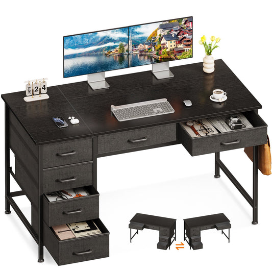 Casacomoda  48" Home Office Desk with 6 Drawers, Modern Computer Desk with Small Space, Corner Computer Desk, Black