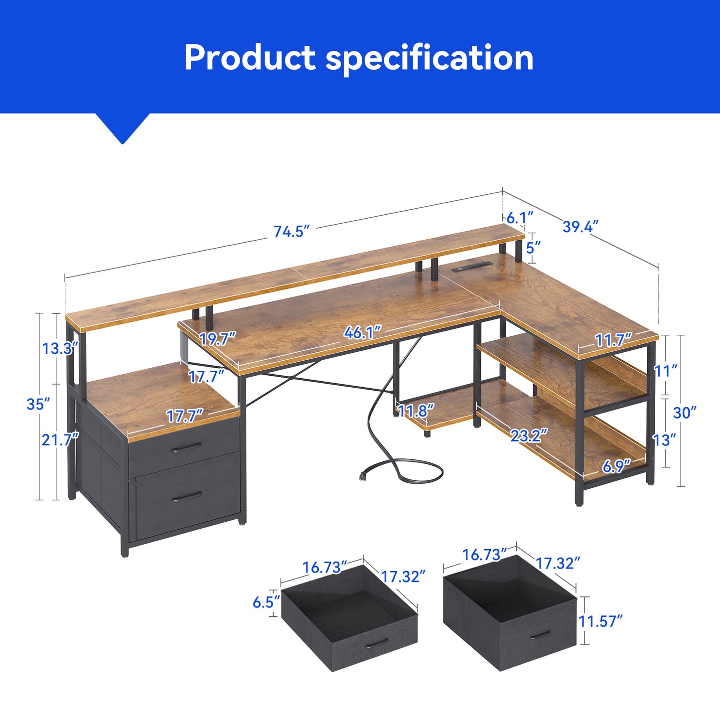 Sofanext 75 inch L Shaped Desk with Power Outlets,Large Computer Desk with File Drawer,Home Office Desk with Printer Stand & Storage Shelves,Gaming Desk with Monitor Shelf,Corner Desk,Vintage