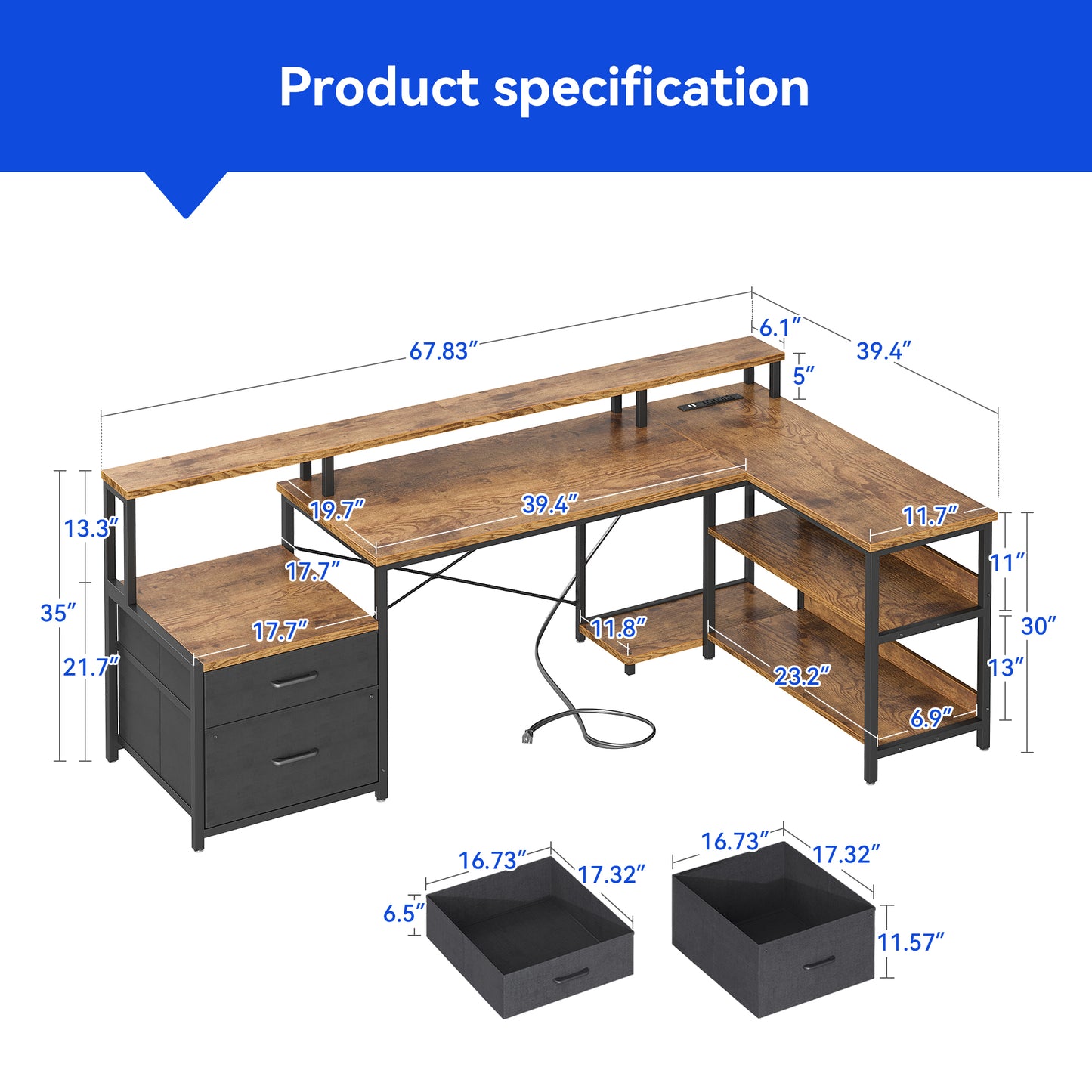 Sofanext 68 inch L Shaped Desk with Power Outlets,Large Computer Desk with File Drawer,Home Office Desk with Printer Stand & Storage Shelves,Gaming Desk with Monitor Shelf,Corner Desk,Vintage
