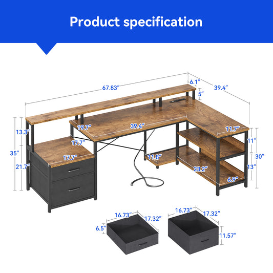Sofanext 68 inch L Shaped Desk with Power Outlets,Large Computer Desk with File Drawer,Home Office Desk with Printer Stand & Storage Shelves,Gaming Desk with Monitor Shelf,Corner Desk,Vintage