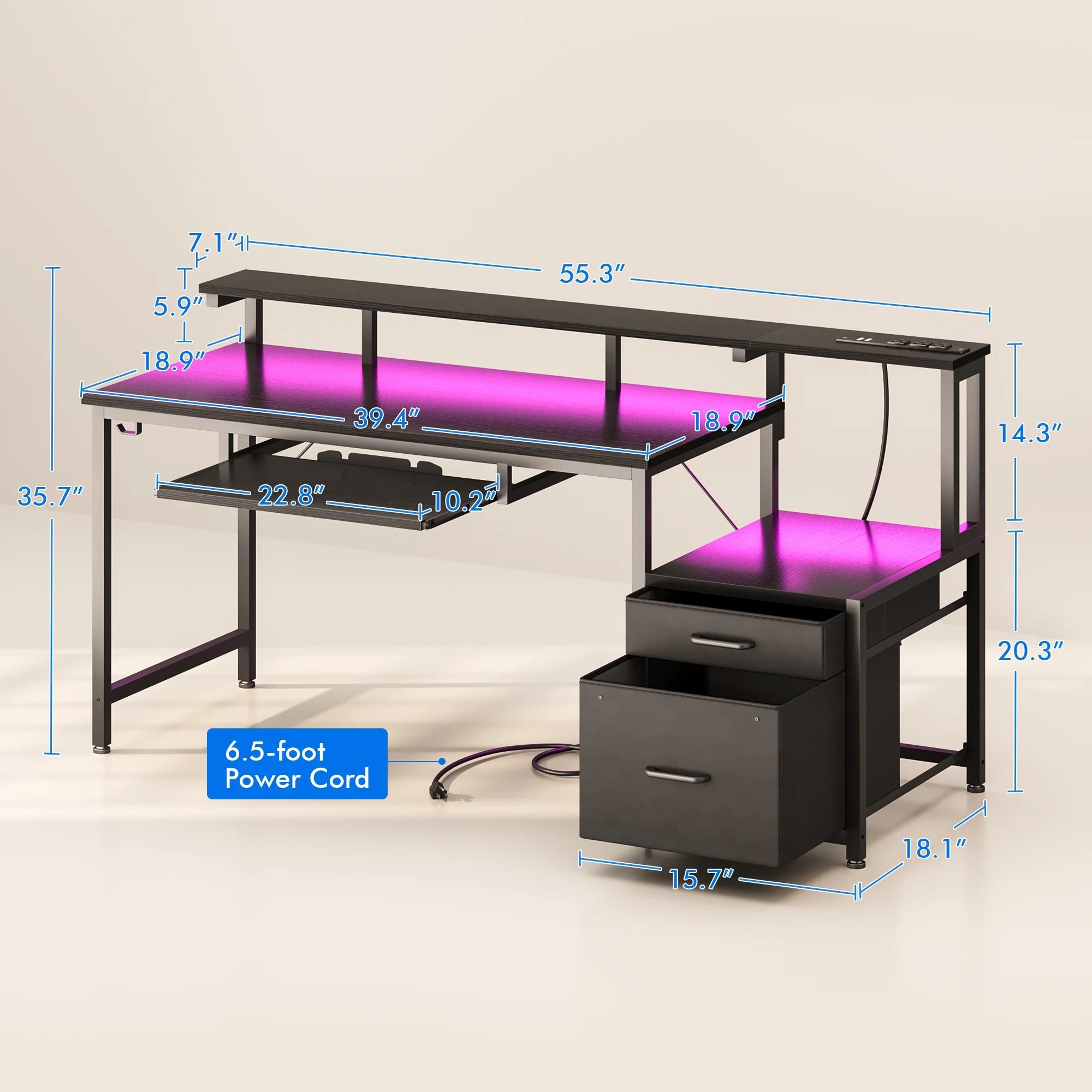 55 Inch Reversible Gaming Desk with Power Outlets and LED Light, Office Desk with File Cabinet & Drawer, Computer Desk with Keyboard Tray and Full Monitor Riser and PC Stand, Study Table, Black