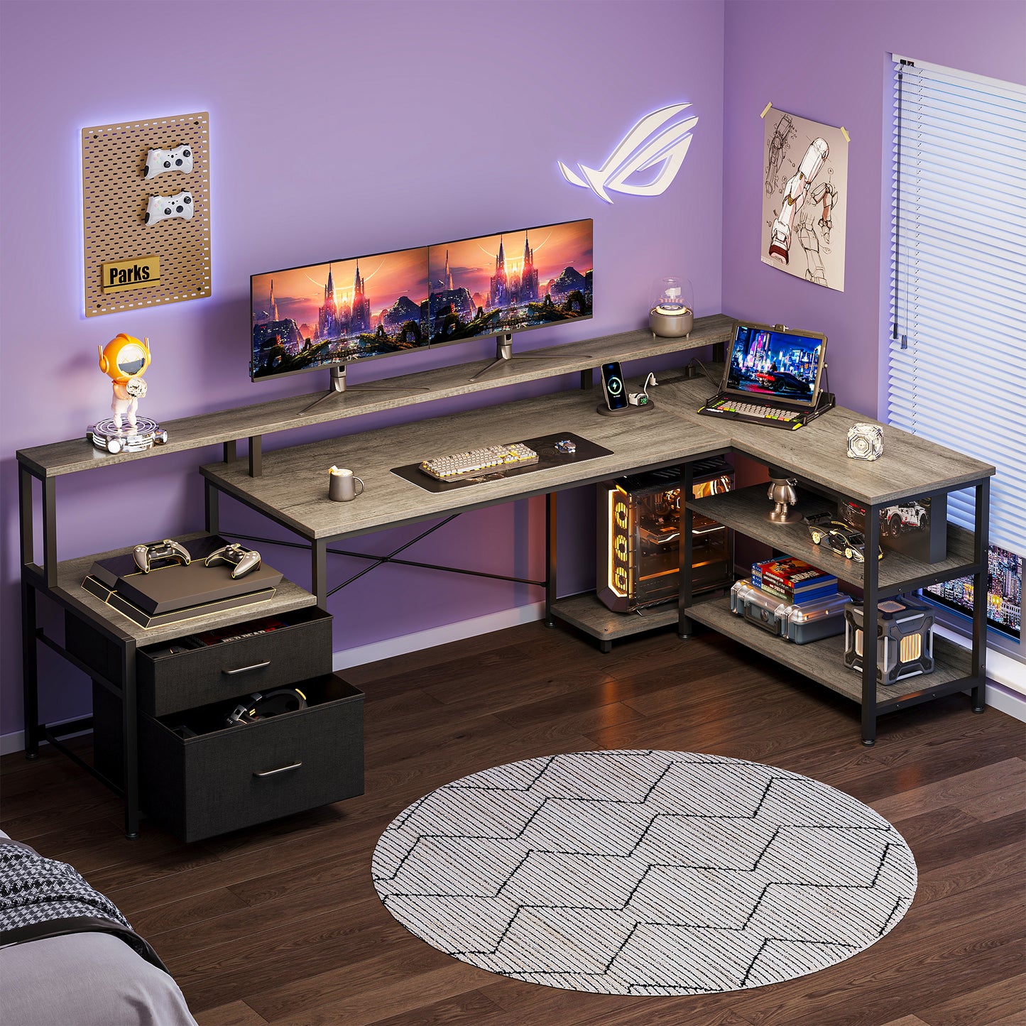 Sofanext 75 inch L Shaped Desk with Power Outlets,Large Computer Desk with File Drawer,Home Office Desk with Printer Stand & Storage Shelves,Gaming Desk with Monitor Shelf,Corner Desk,Grey Oak