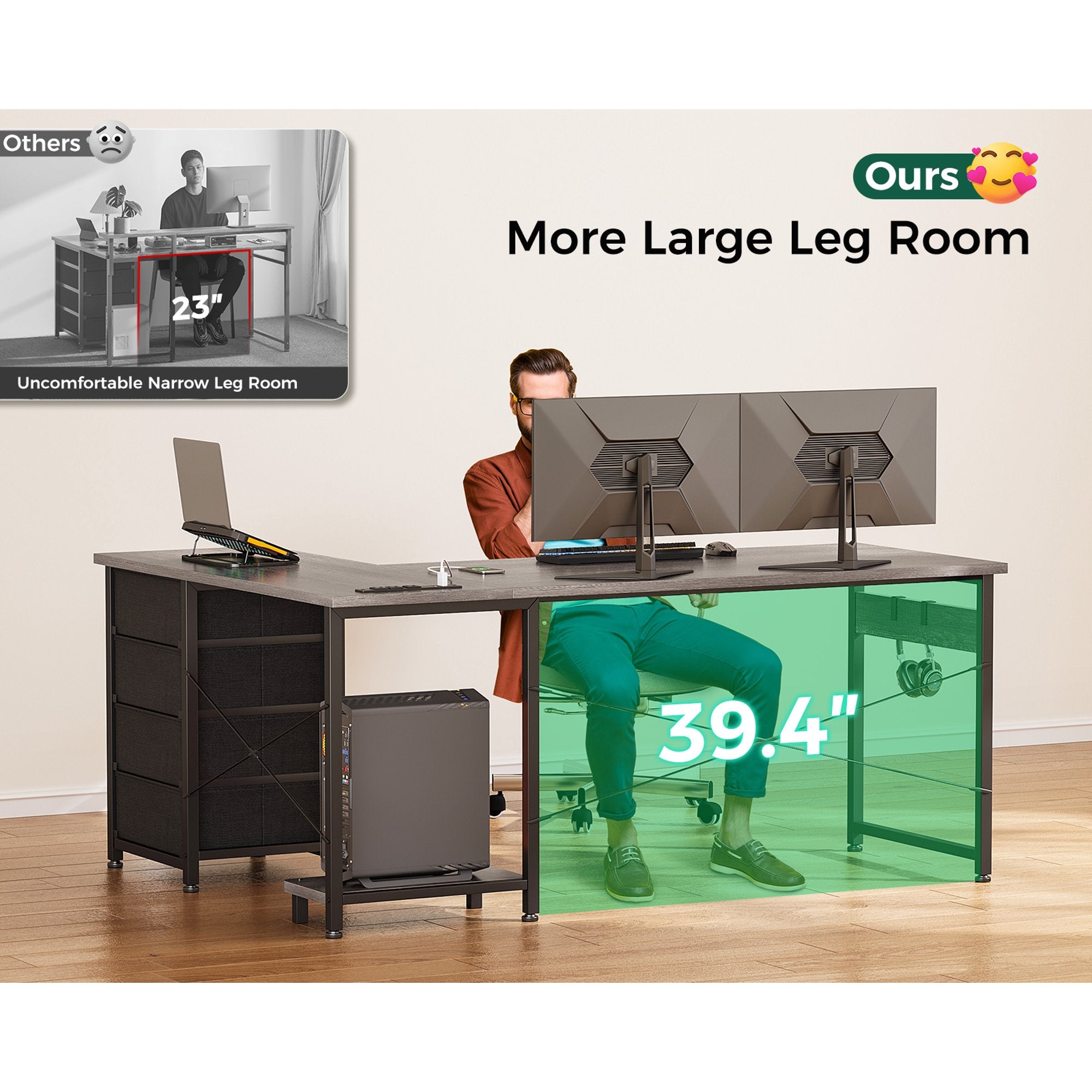 Sofanext Reversible Modern Simple Style L Shaped Desk with Charging Station and Drawers, Gray Oak