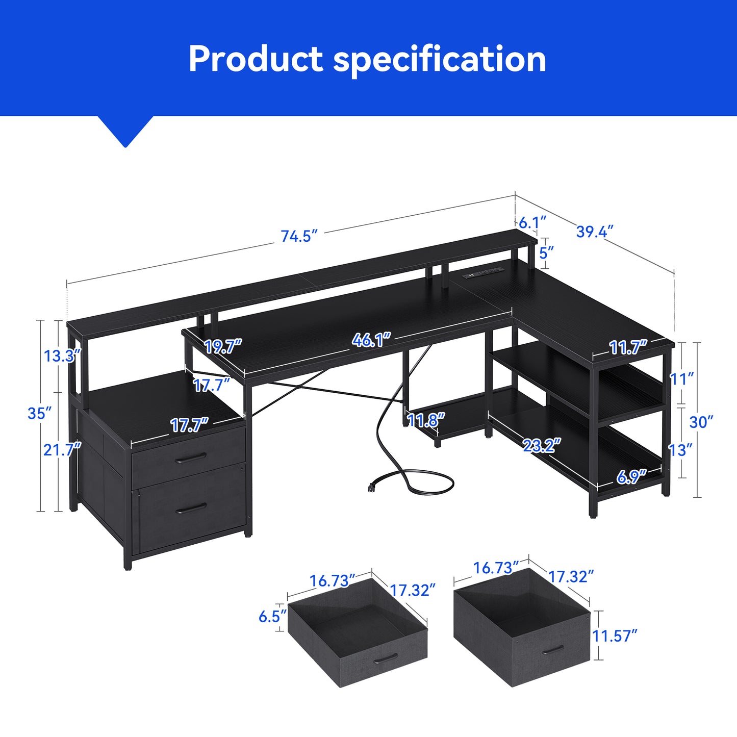 Sofanext 75 inch L Shaped Desk with Power Outlets,Large Computer Desk with File Drawer,Home Office Desk with Printer Stand & Storage Shelves,Gaming Desk with Monitor Shelf,Corner Desk,Black