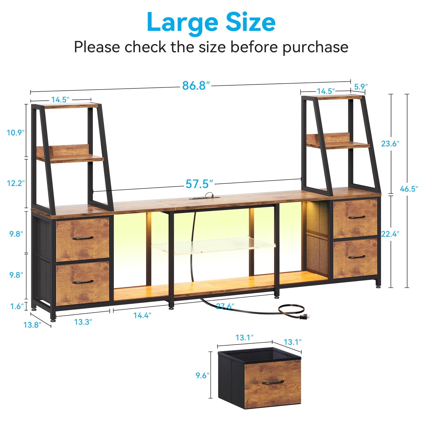 Sofanext TV Stand for up to 65 Inch TV, 87" Entertainment Center with Power Outlets & LED Lights, Modern Media Console with Glass Shelf & 4 Fabric Drawers for Living Room Bedroom, Vintage