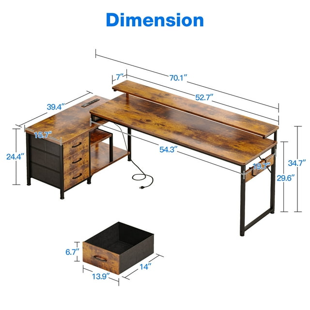 55 inch L Shaped Computer Desk with Drawers & Power Outlets, L-Shaped Gaming Desk with Removable File Cabinet, Reversible Corner Desk with Monitor Stand for Home Office Workstation, Rustic Brown