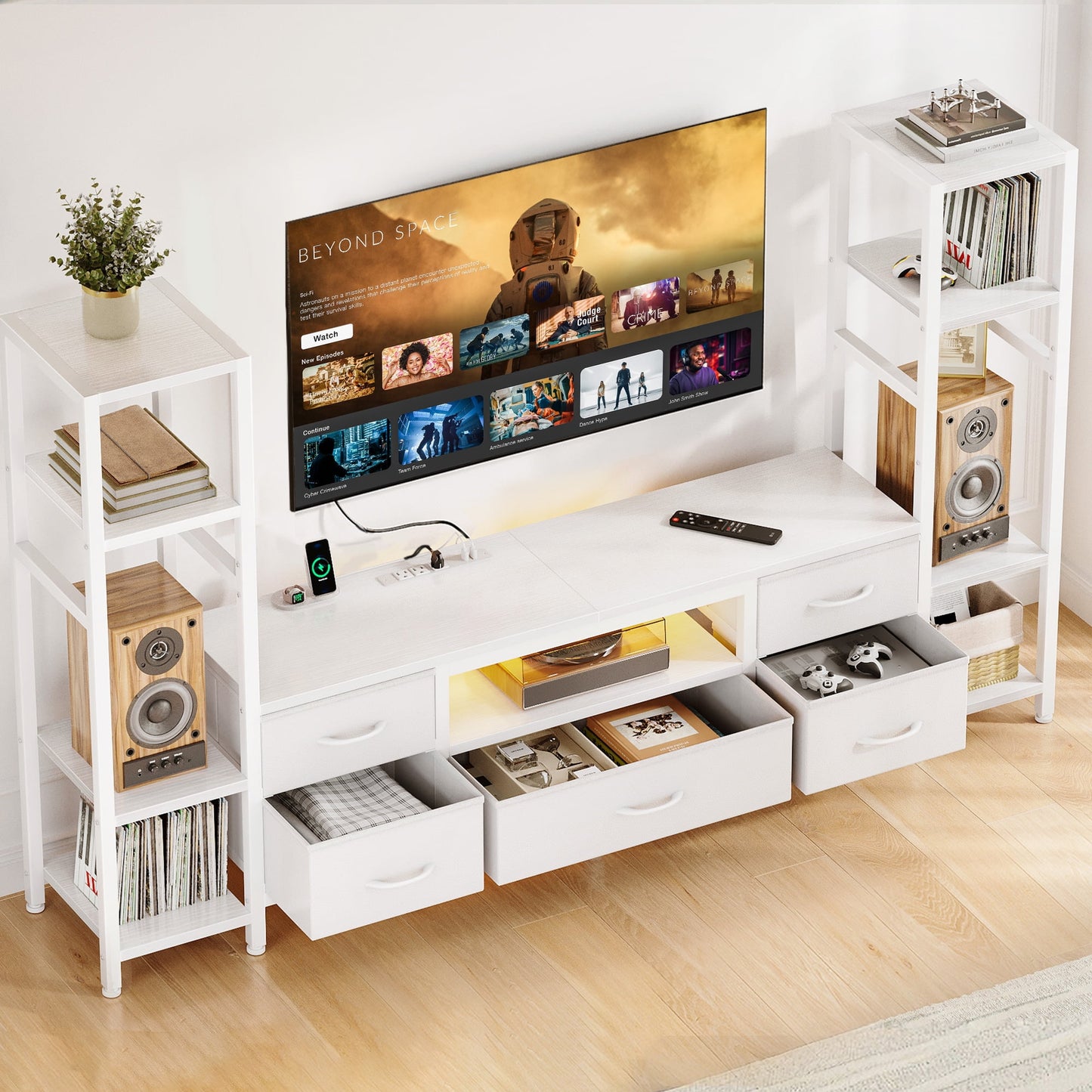 Sofanext 71" LED TV Stand with Power Outlets for 40/43/50 inch TV, Entertainment Center with 5 Fabric Drawers & Open Shelf Storage for Living Room/Bedroom, , White