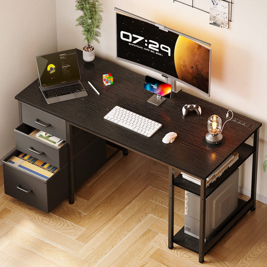 51 Inch Computer Desk with File Drawers & USB Power Outlets- Reversible Home Office Desk with Storage Shelves, Work from Home, Writing Table for Bedroom, Black