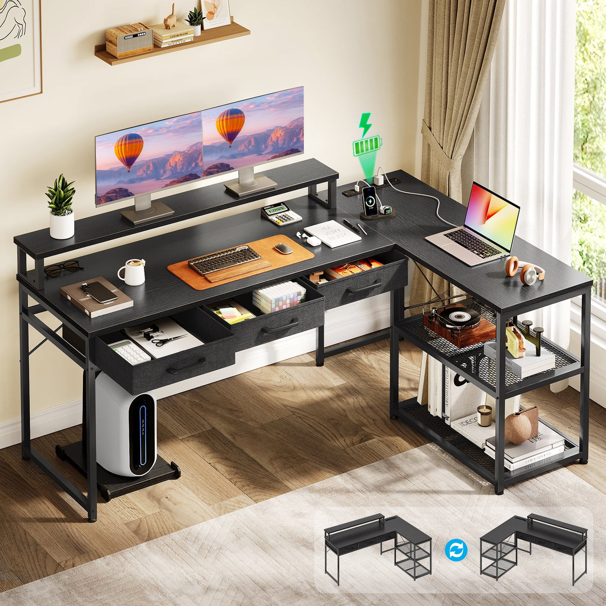 53 inch Reversible L Shaped Desk with Power Outlets & USB Ports for Of ...