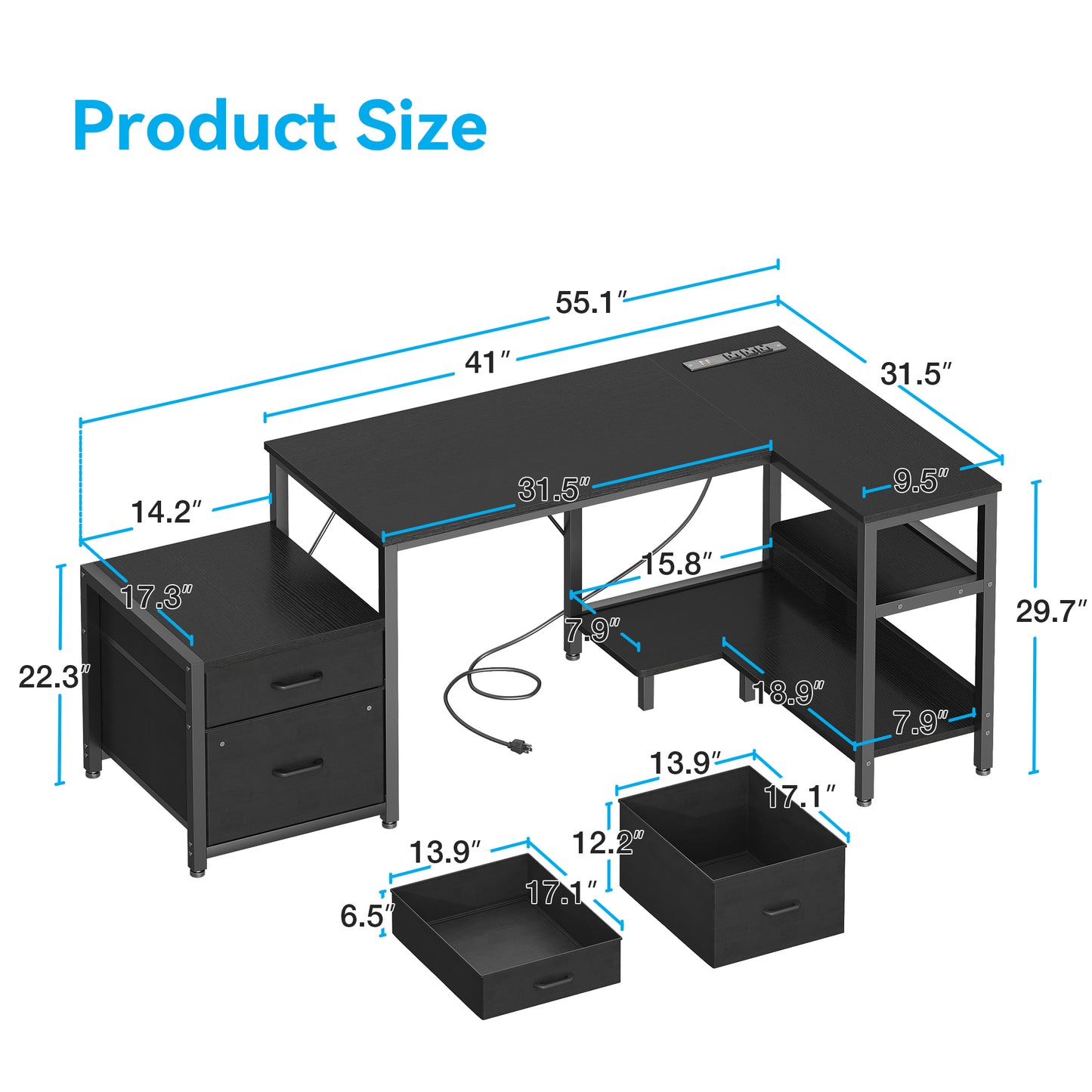 55" Office Desk with Power Outlets & CPU Holder, L-Shaped Corner Desk with File Cabinet, Storage Shelf & 2 Drawers for Large Spaces, Black